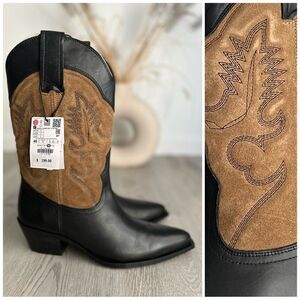 ZARA EMBROIDERED LEATHER COWBOY ANKLE BOOTS